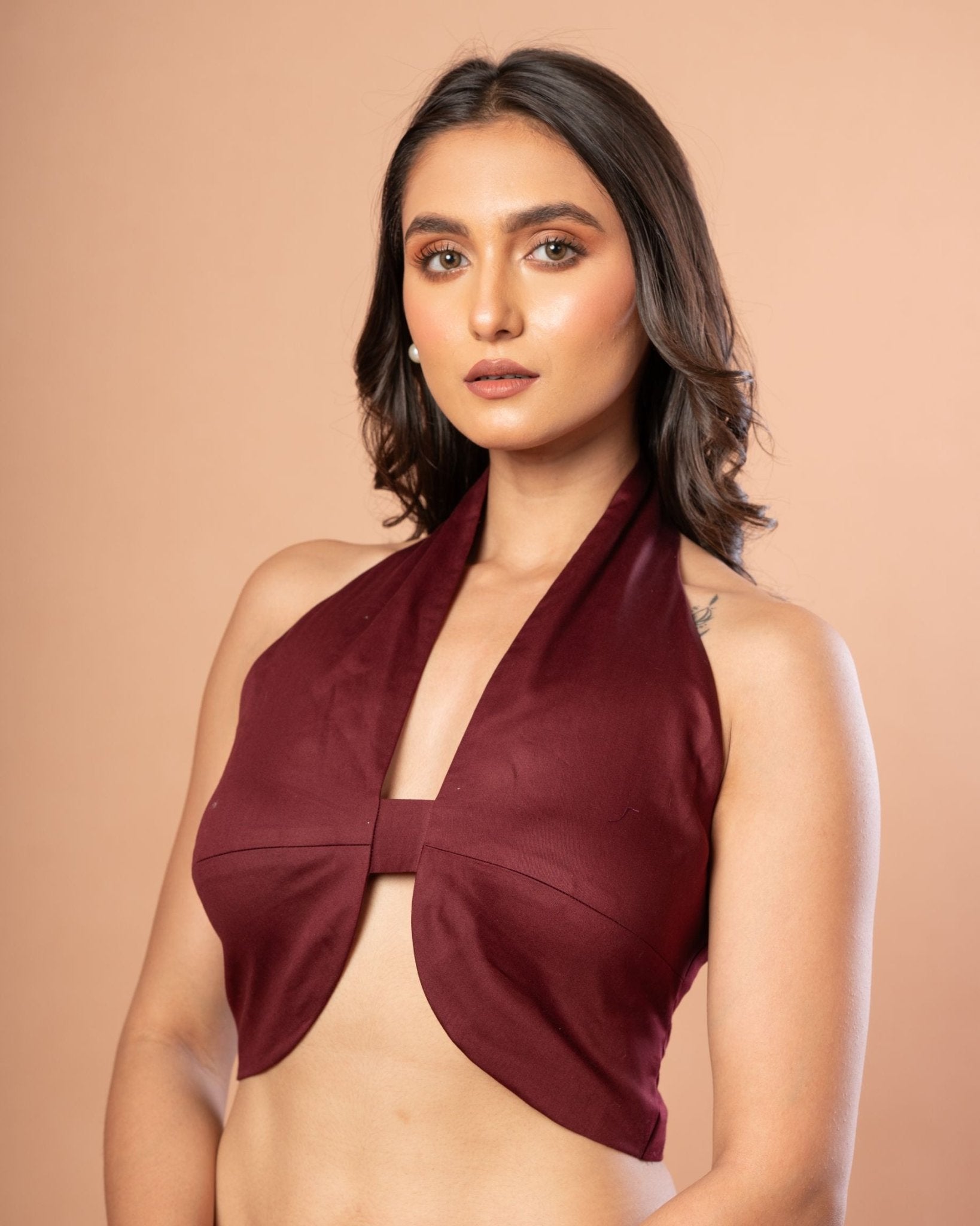Maroon Halter Neck Blouse in Cotton Silk - Anvi Couture