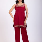 Maroon Hand Embroidered Short Kurta Set