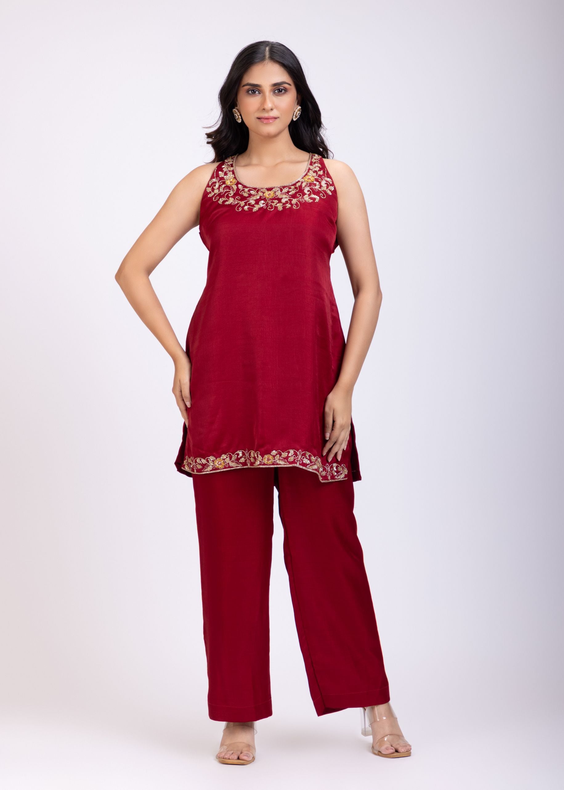 Maroon Hand Embroidered Short Kurta Set