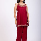 Maroon Hand Embroidered Short Kurta Set Side