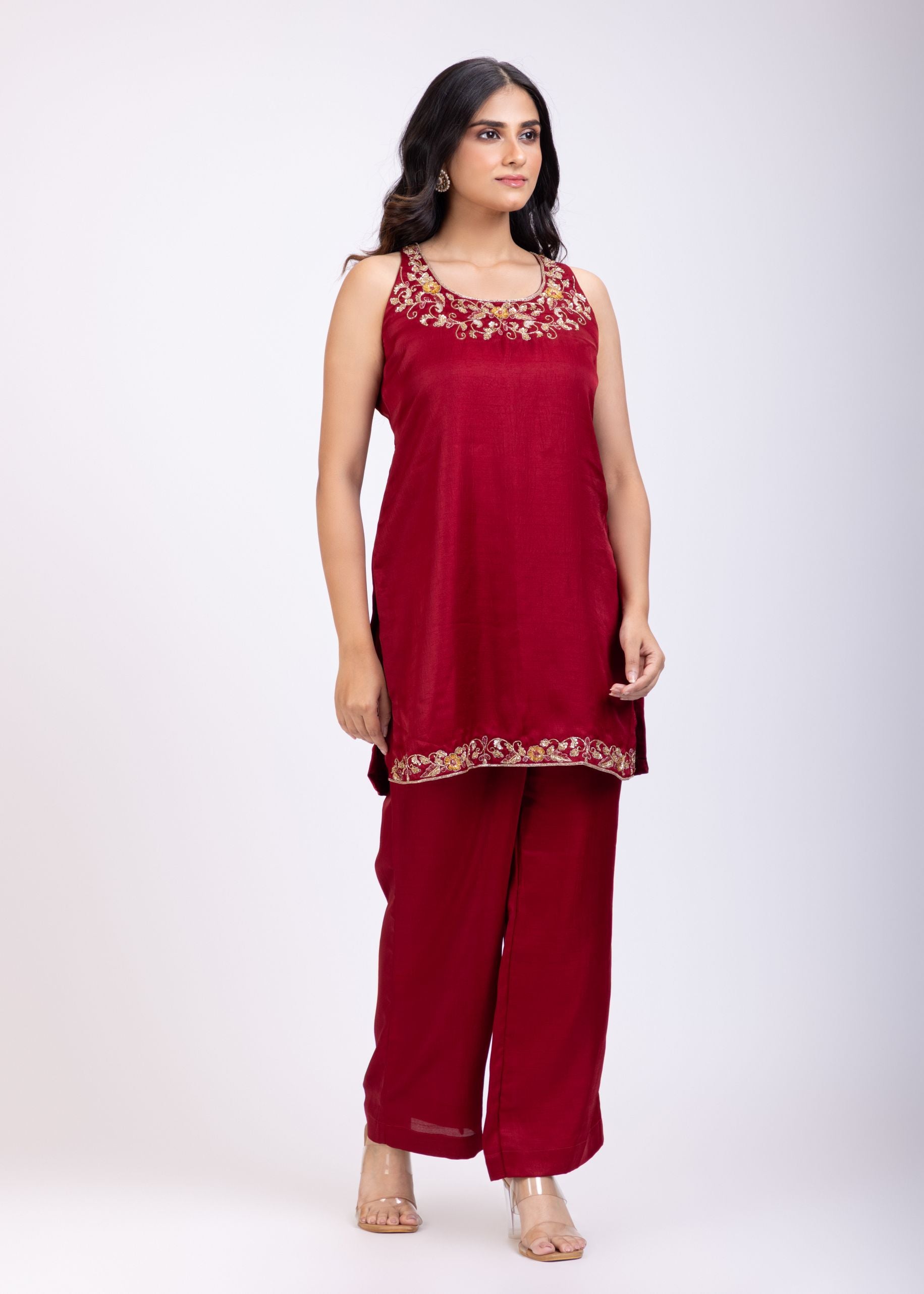Maroon Hand Embroidered Short Kurta Set Side