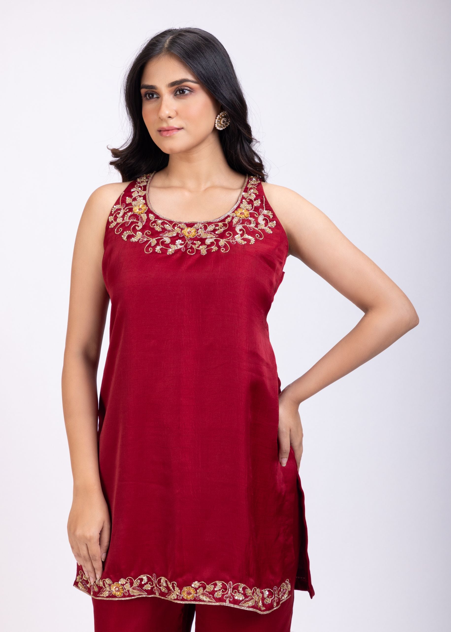 Maroon Hand Embroidered Short Kurta Set Close Up