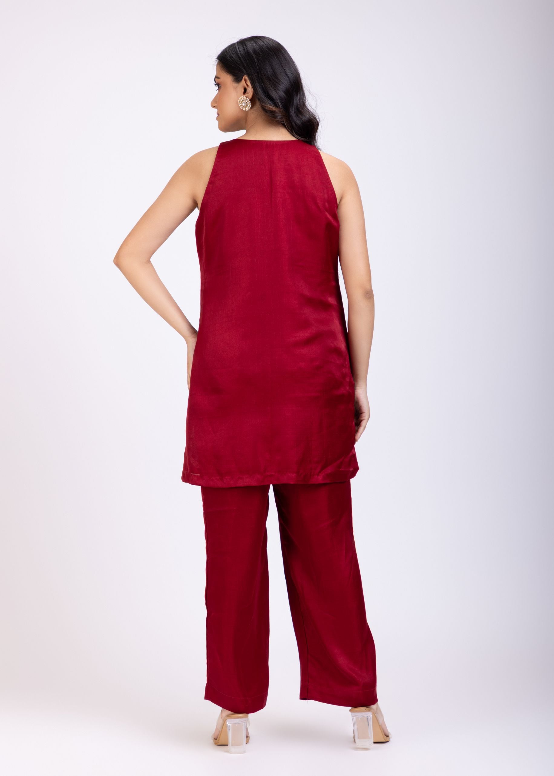 Maroon Hand Embroidered Short Kurta Set Back