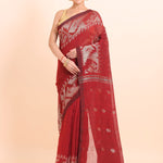 Maroon Handloom Jamdani Lilen Cotton Saree with Silver Woven Border full