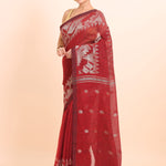 Maroon Handloom Jamdani Lilen Cotton Saree with Silver Woven Border front