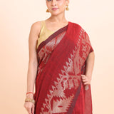 Maroon Handloom Jamdani Lilen Cotton Saree with Silver Woven Border close up