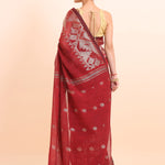 Maroon Handloom Jamdani Lilen Cotton Saree with Silver Woven Border back