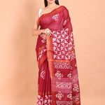 Maroon Handloom Printed Cotton Silk Batik Saree - Anvi Couture
