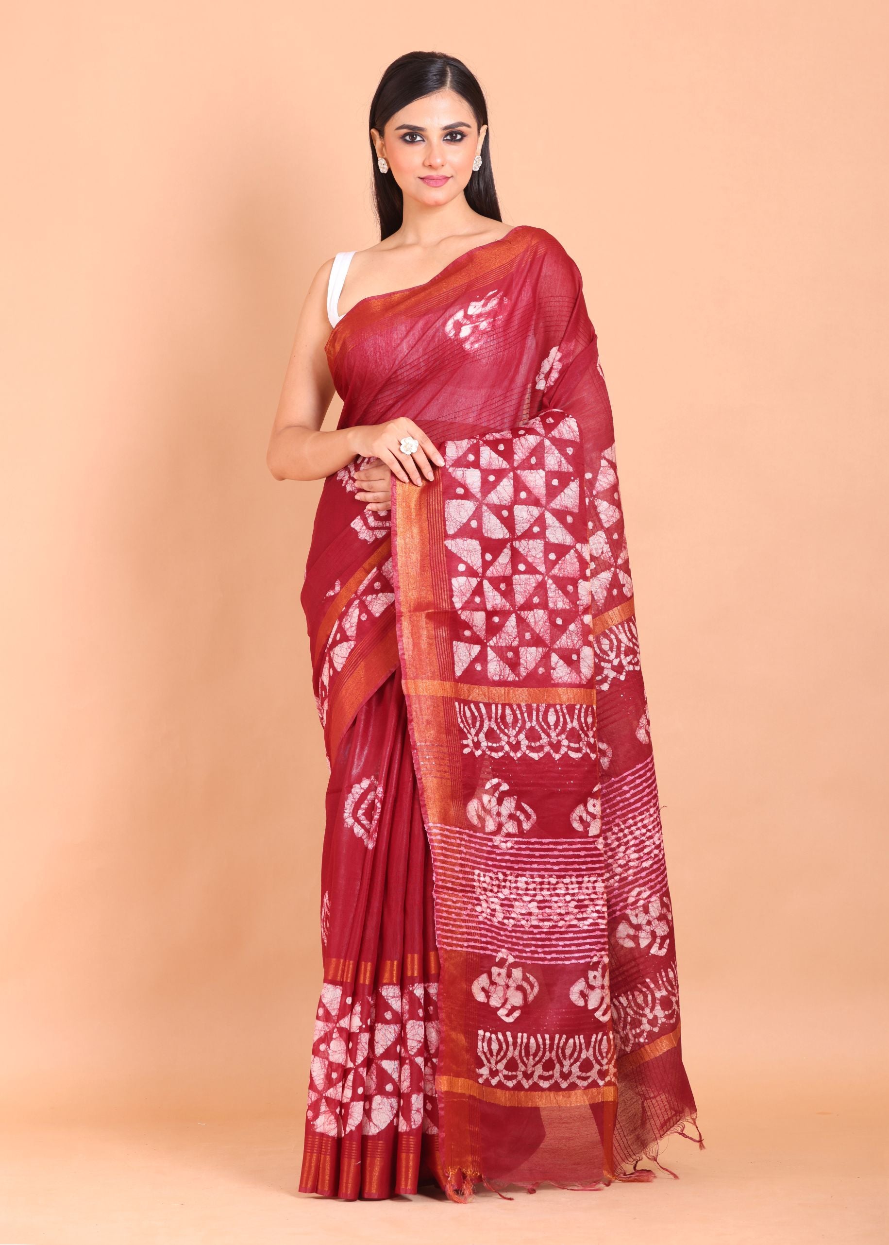 Maroon Handloom Printed Cotton Silk Batik Saree Front View