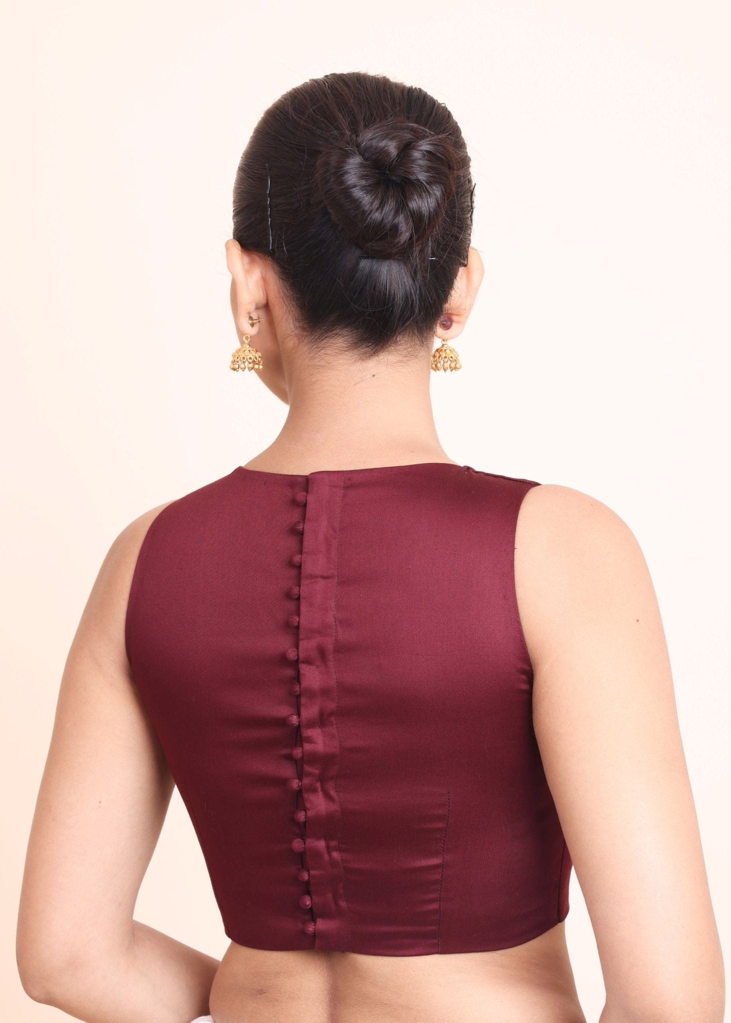 Maroon High Neck Sleeveless Blouse with Back Button Closer - Anvi Couture