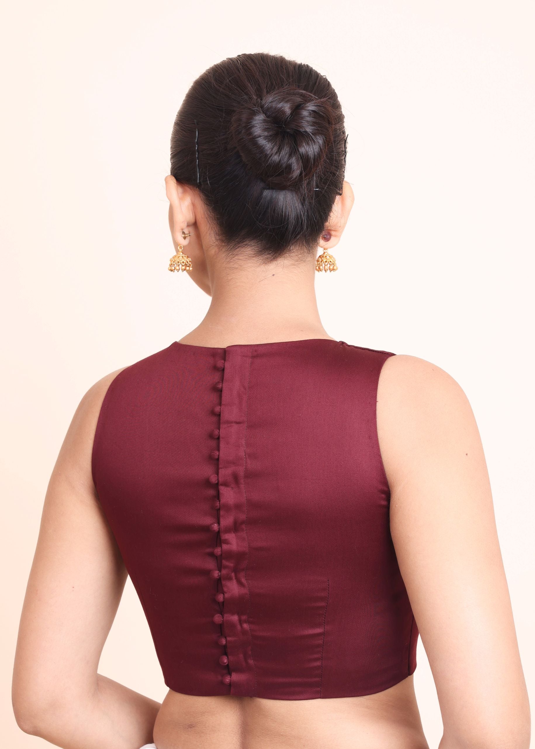 Maroon High Neck Sleeveless Blouse with Back Button Closer back