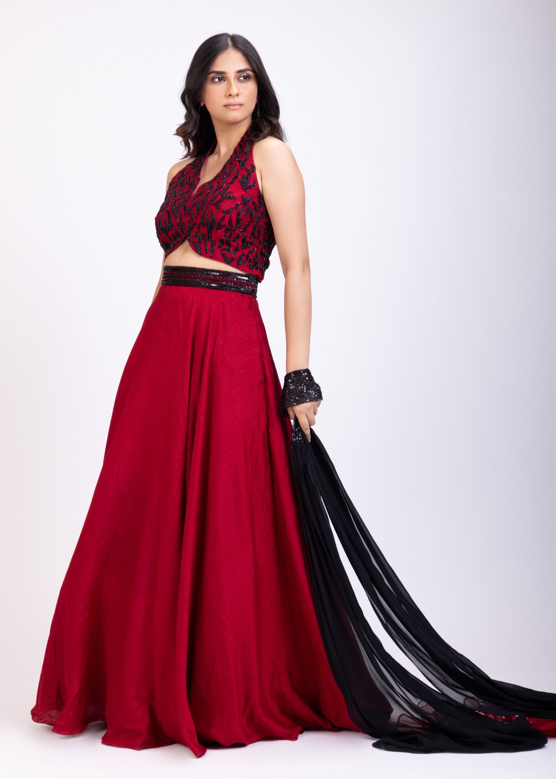 Maroon Lehenga Set With Black Cutdana Work front