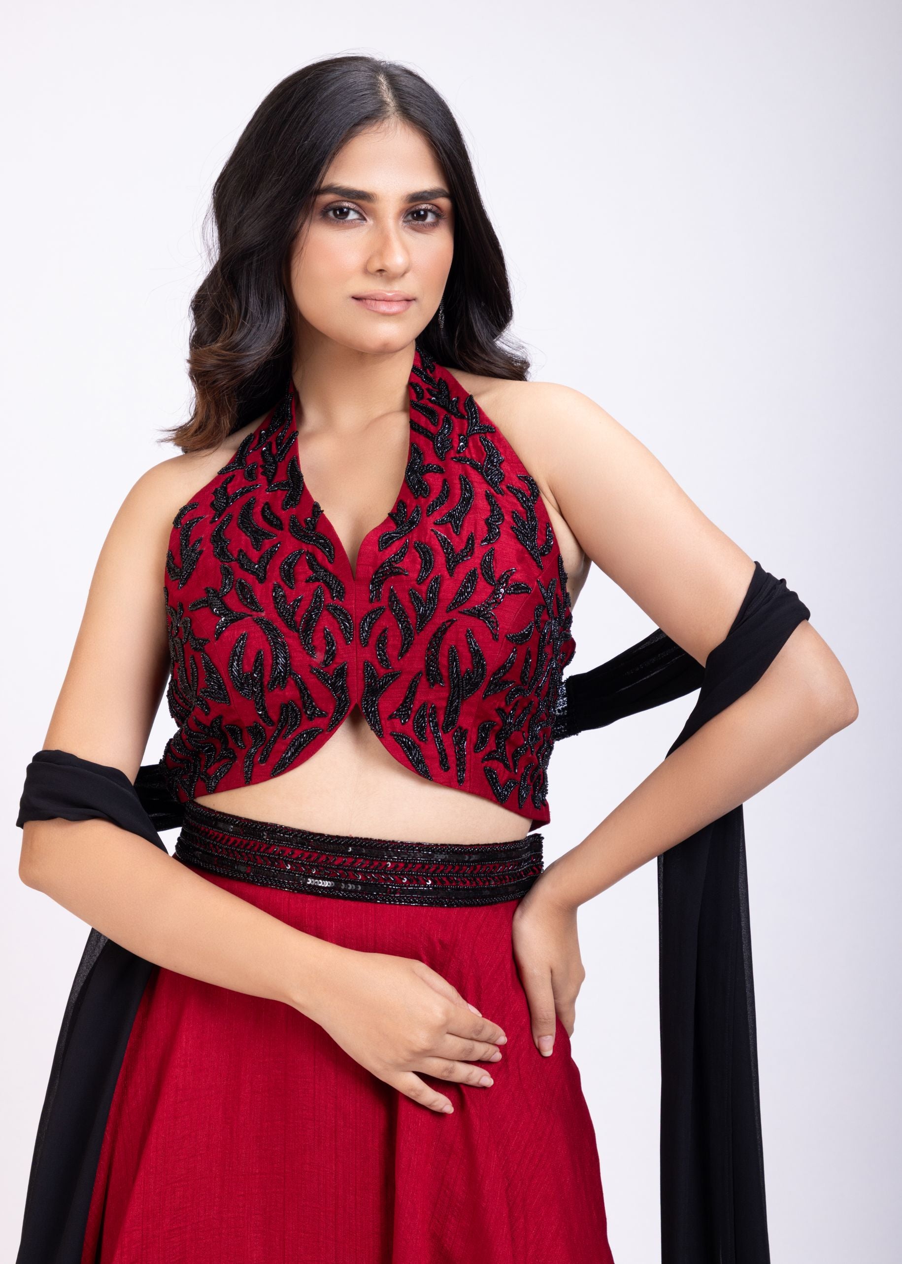 Maroon Lehenga Set With Black Cutdana Work close up