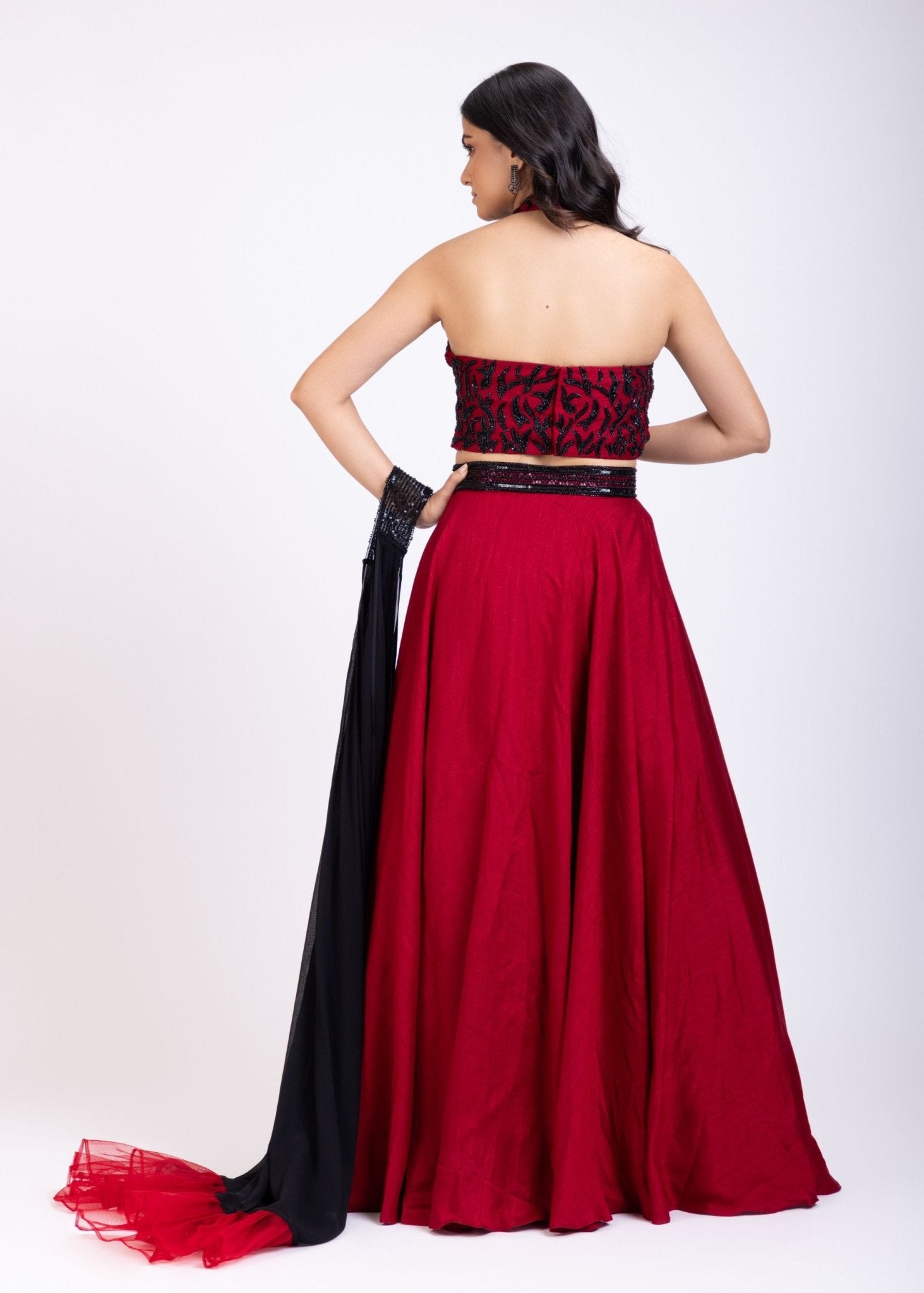 Maroon Lehenga Set With Black Cutdana Work - Anvi Couture