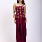 Maroon Off Shoulder Corset top with Gold Cutdana Detailing and Drape Skirt full