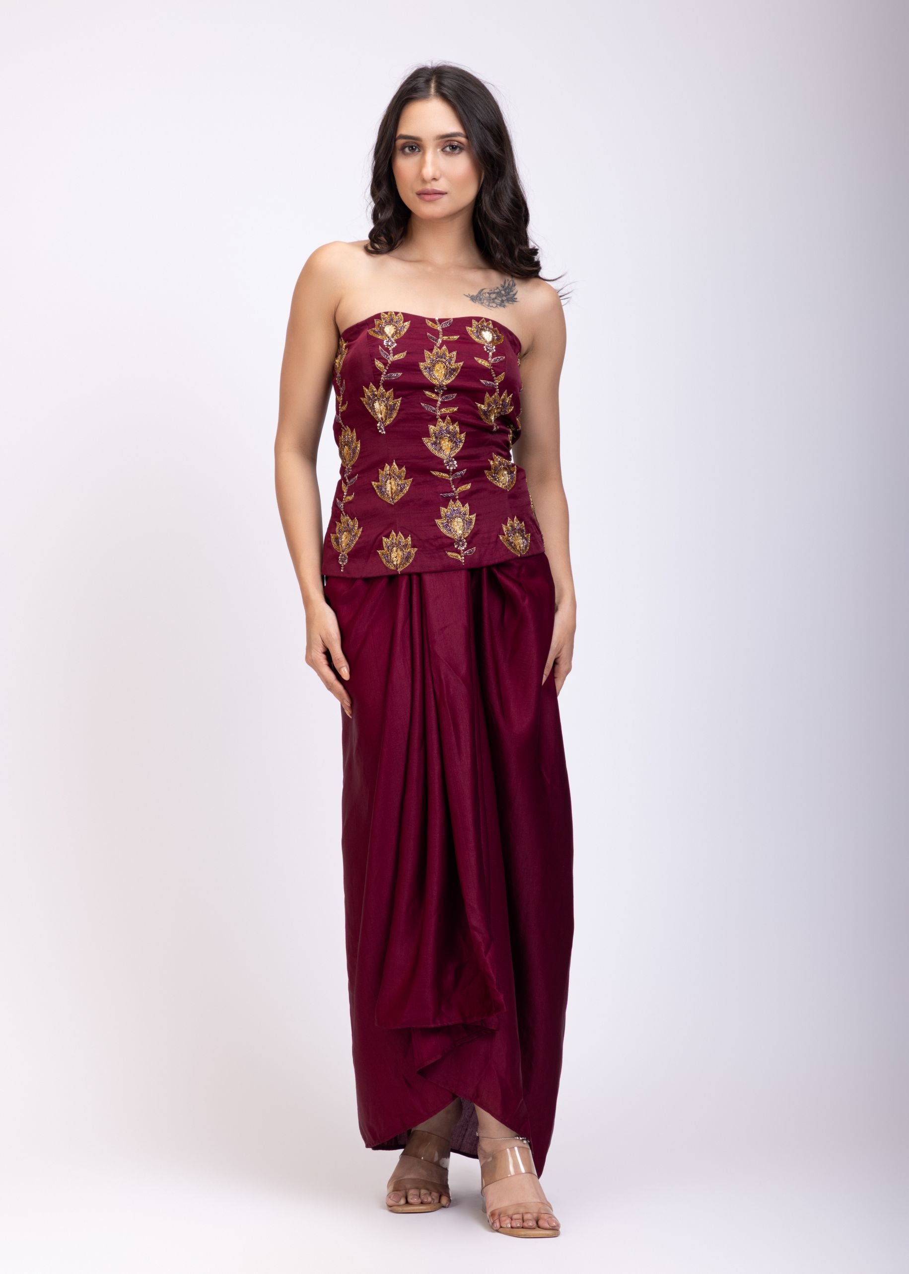 Maroon Off Shoulder Corset top with Gold Cutdana Detailing and Drape Skirt full