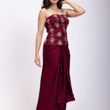 Maroon Off Shoulder Corset top with Gold Cutdana Detailing and Drape Skirt front