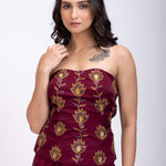 Maroon Off Shoulder Corset top with Gold Cutdana Detailing and Drape Skirt close up