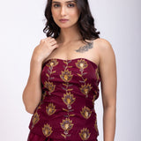 Maroon Off Shoulder Corset top with Gold Cutdana Detailing and Drape Skirt close up