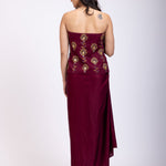 Maroon Off Shoulder Corset top with Gold Cutdana Detailing and Drape Skirt back