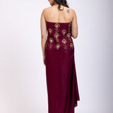 Maroon Off Shoulder Corset top with Gold Cutdana Detailing and Drape Skirt back