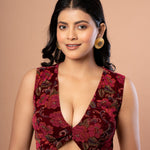 Maroon Printed Velvet Sleeveless V-Neck Blouse Front

