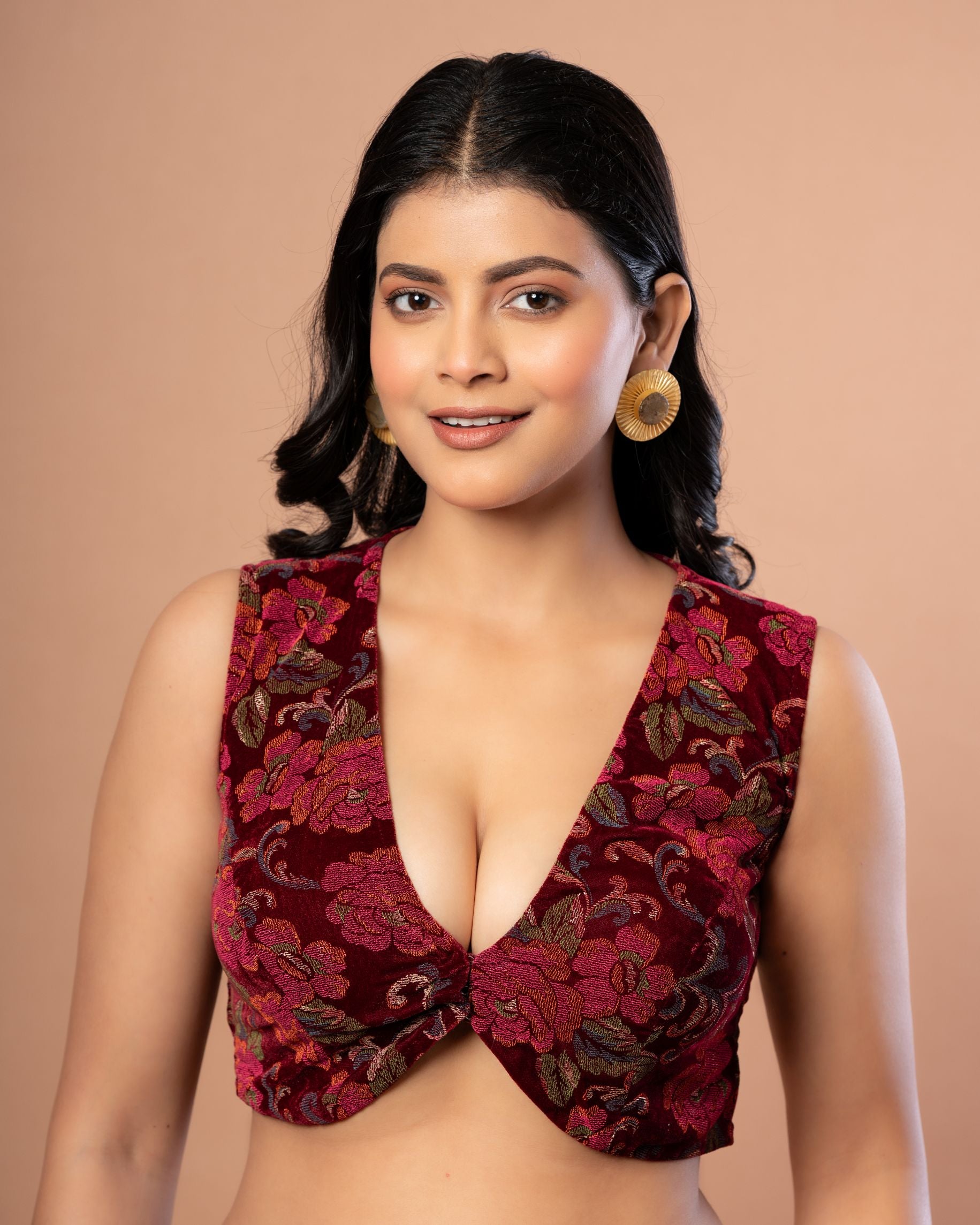 Maroon Printed Velvet Sleeveless V-Neck Blouse Front

