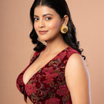 Maroon Printed Velvet Sleeveless V-Neck Blouse Side 

