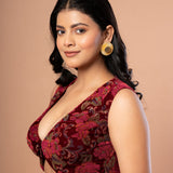 Maroon Printed Velvet Sleeveless V-Neck Blouse Side 

