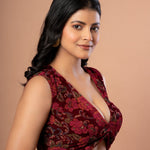 Maroon Printed Velvet Sleeveless V-Neck Blouse Another Side 

