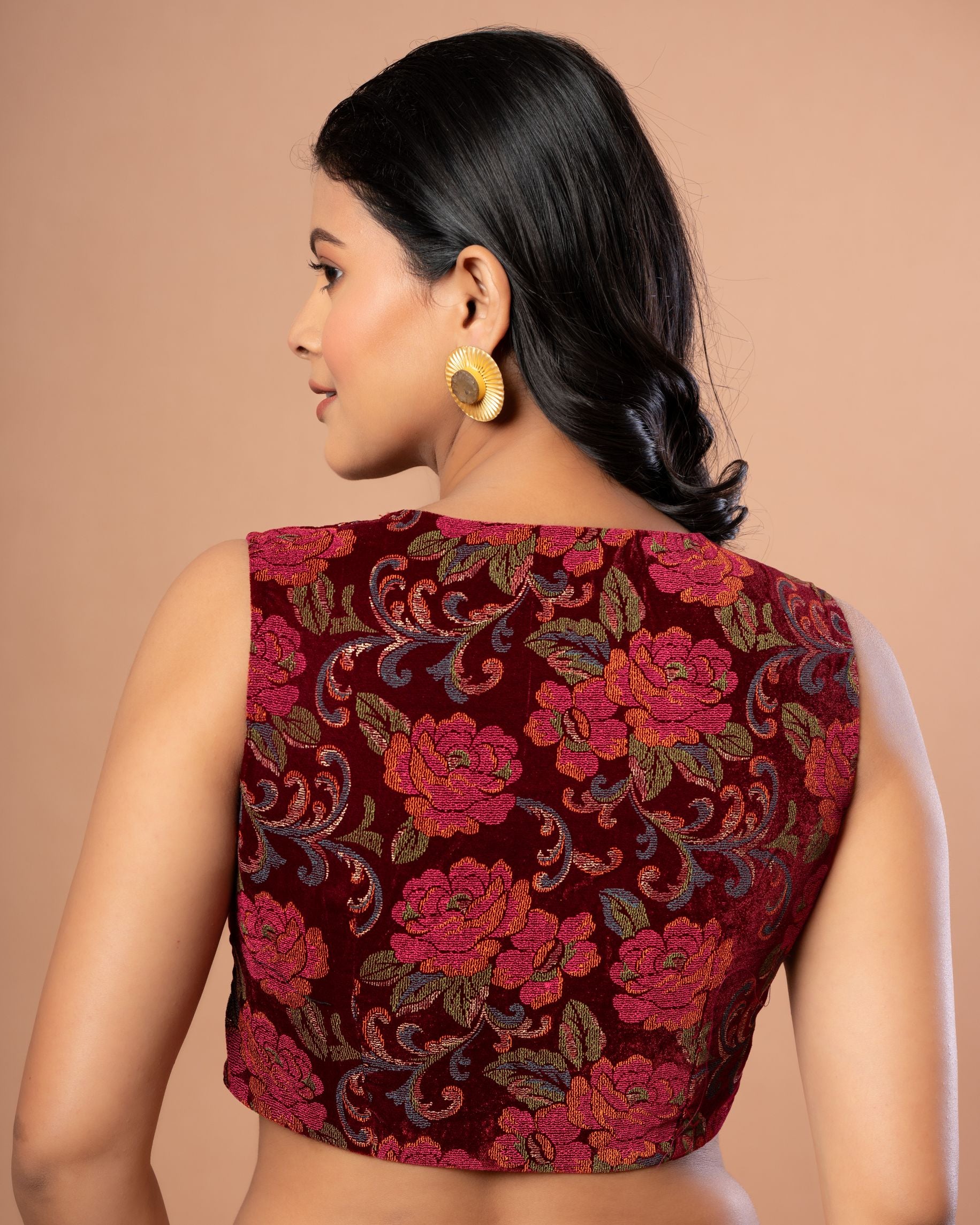 Maroon Printed Velvet Sleeveless V-Neck Blouse  Back 


