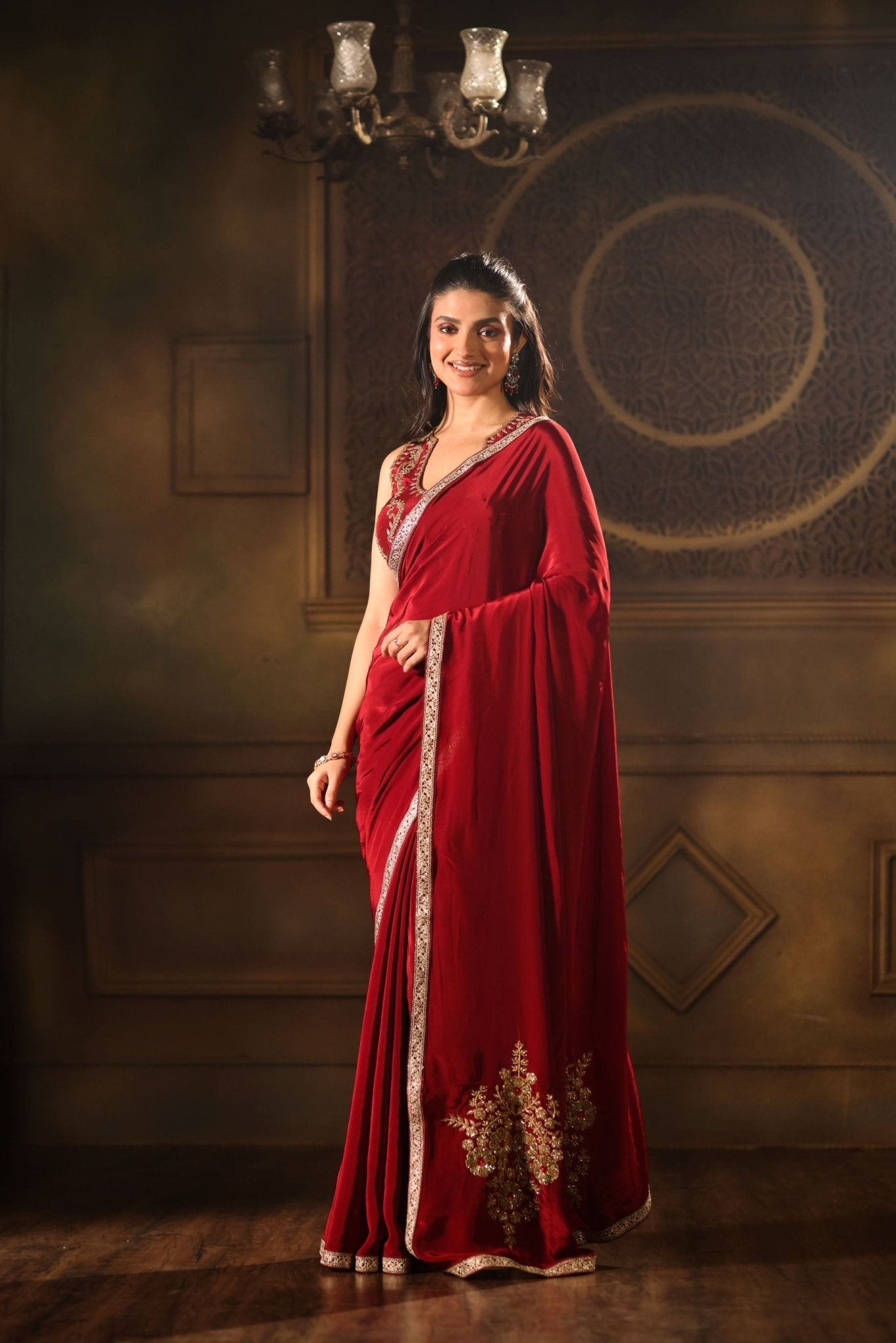 Maroon Pure Crepe Silk Embroidered Saree - Anvi Couture