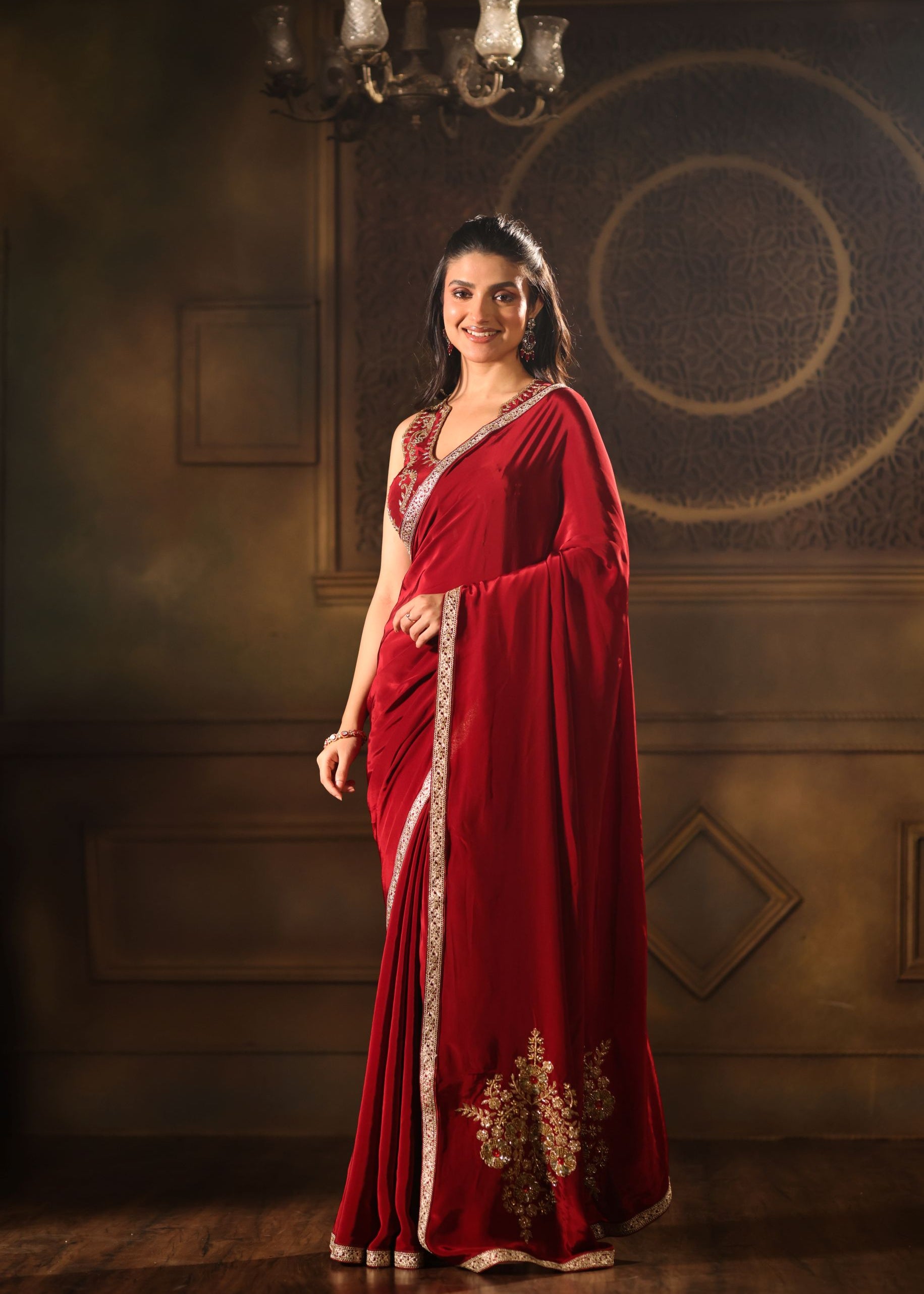 Maroon Pure Crepe Silk Embroidered Saree full