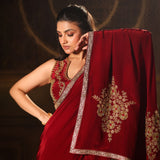 Maroon Pure Crepe Silk Embroidered Saree close up 1
