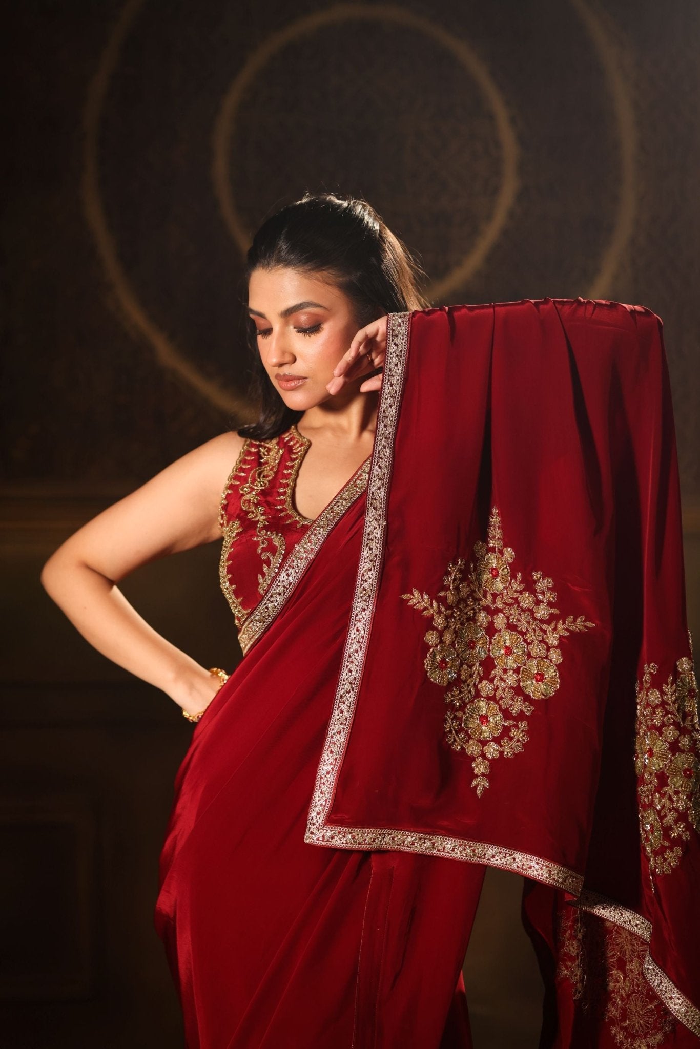 Maroon Pure Crepe Silk Embroidered Saree - Anvi Couture
