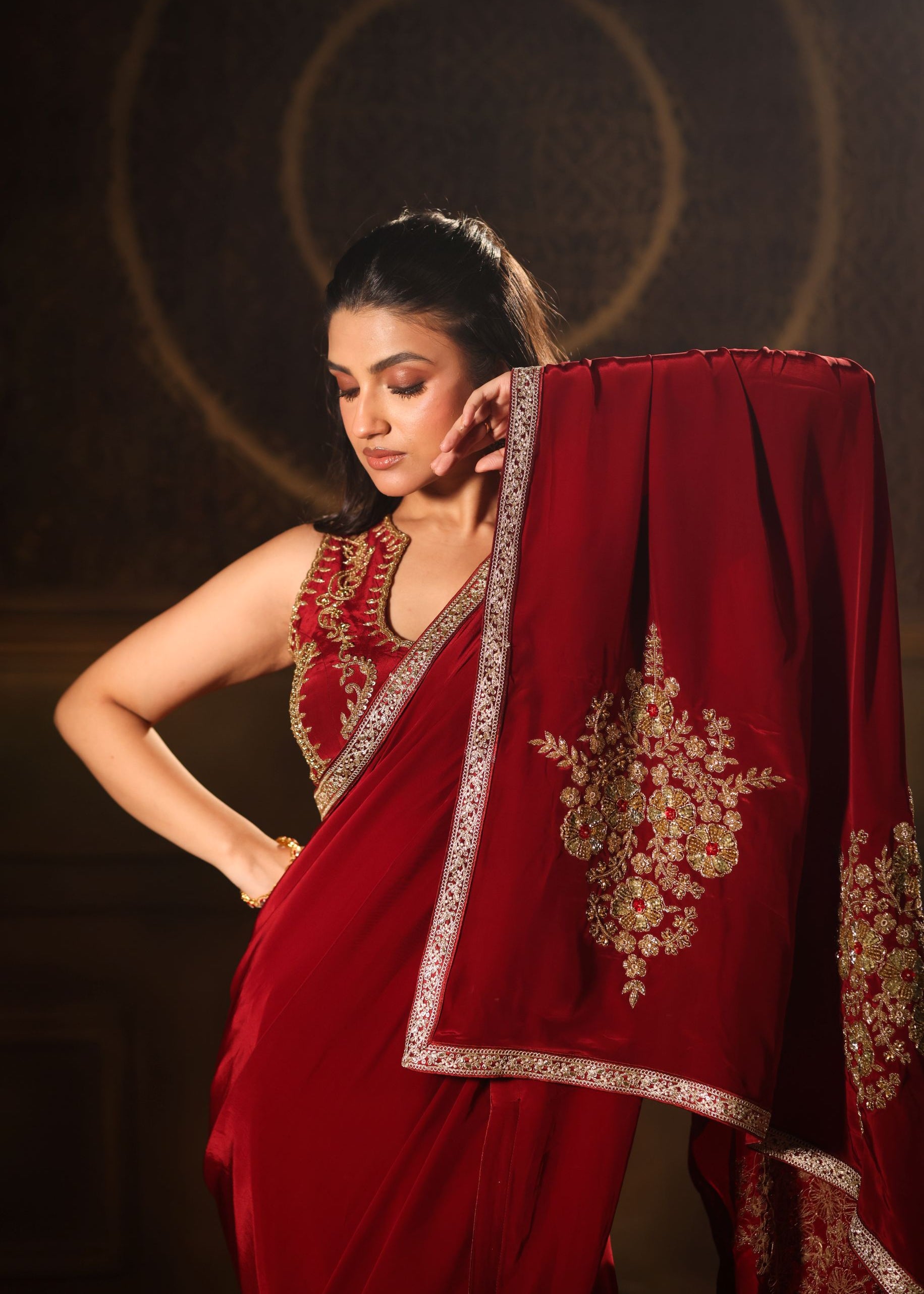 Maroon Pure Crepe Silk Embroidered Saree close up 1