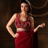 Maroon Pure Crepe Silk Embroidered Saree close up 2