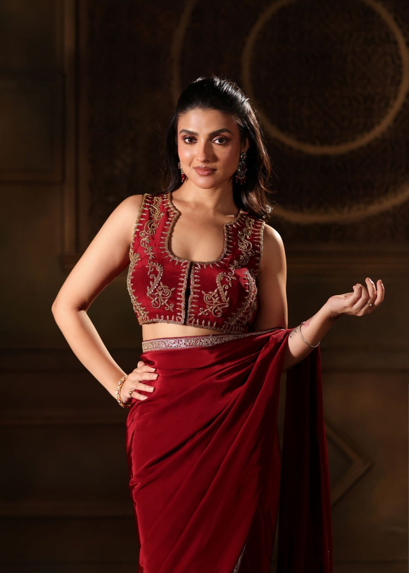 Maroon Pure Crepe Silk Embroidered Saree - Anvi Couture