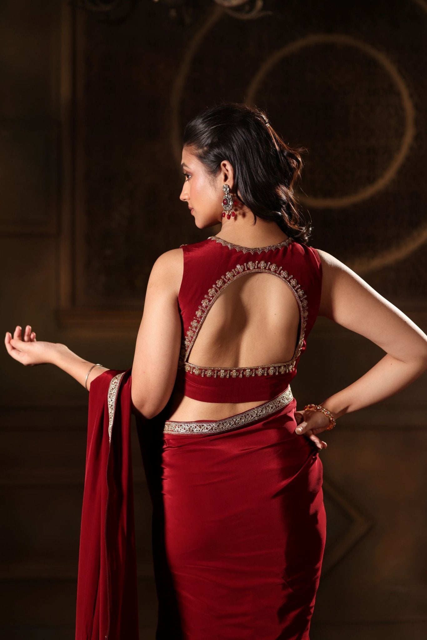 Maroon Pure Crepe Silk Embroidered Saree - Anvi Couture
