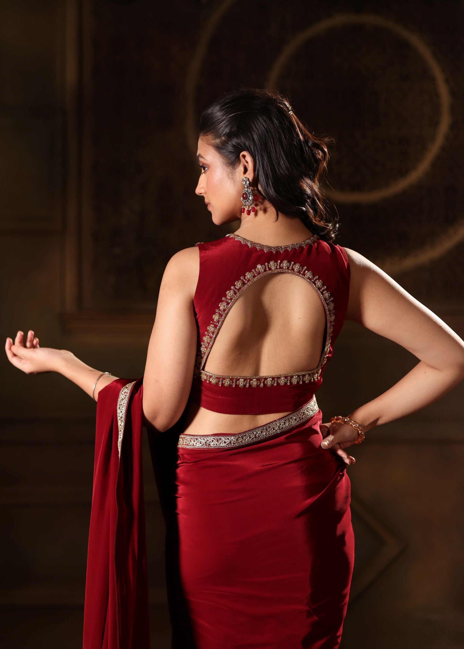 Maroon Pure Crepe Silk Embroidered Saree back