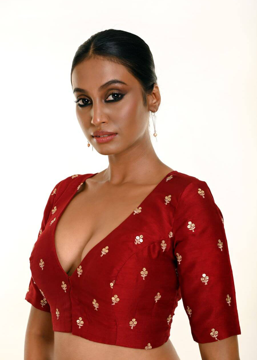 Maroon Pure Silk Resham Boota Embroidered Blouse with V-Neckline -Anvi Couture