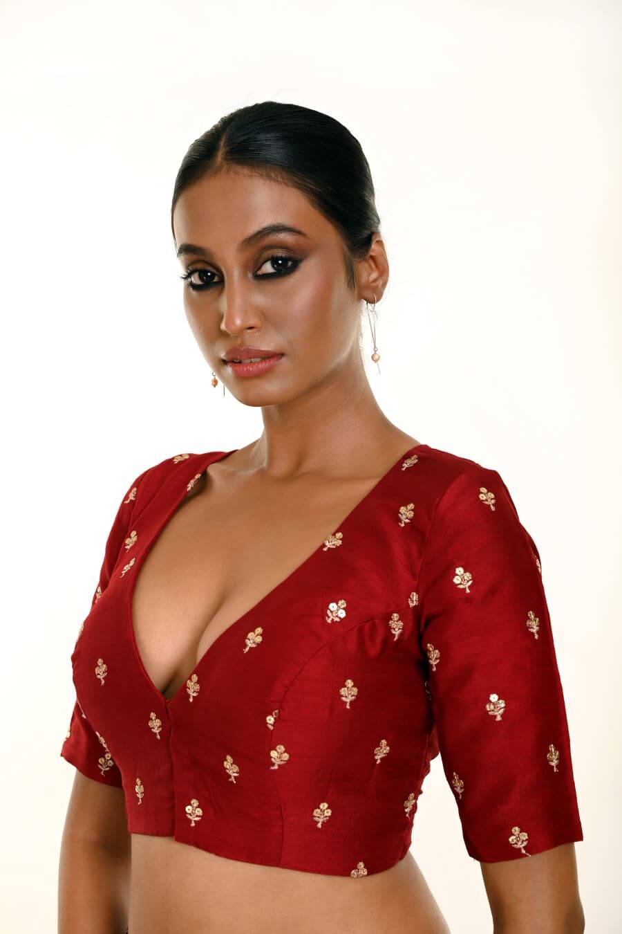 Maroon Pure Silk Resham Boota Embroidered Blouse with V-Neckline -Anvi Couture