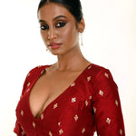 Maroon Pure Silk Resham Boota Embroidered Blouse with V-Neckline -Anvi Couture