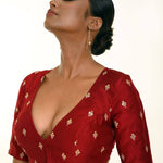 Maroon Pure Silk Resham Boota Embroidered Blouse with V-Neckline -Anvi Couture