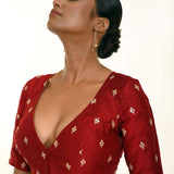 Maroon Pure Silk Resham Boota Embroidered Blouse with V-Neckline -Anvi Couture