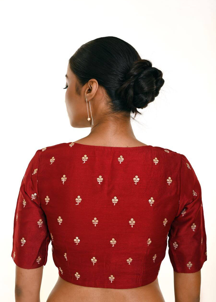 Maroon Pure Silk Resham Boota Embroidered Blouse with V-Neckline -Anvi Couture