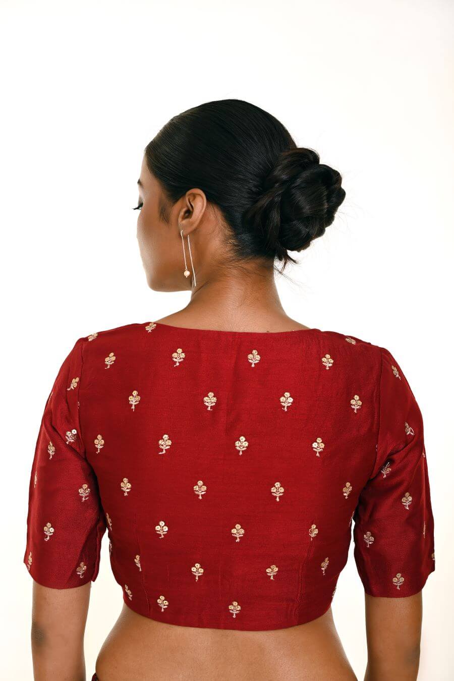 Maroon Pure Silk Resham Boota Embroidered Blouse with V-Neckline -Anvi Couture