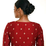 Maroon Pure Silk Resham Boota Embroidered Blouse with V-Neckline -Anvi Couture