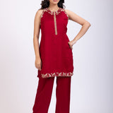 Maroon Raw Silk Short Kurta and Straight Pant Set Hand Embroidered Work Full