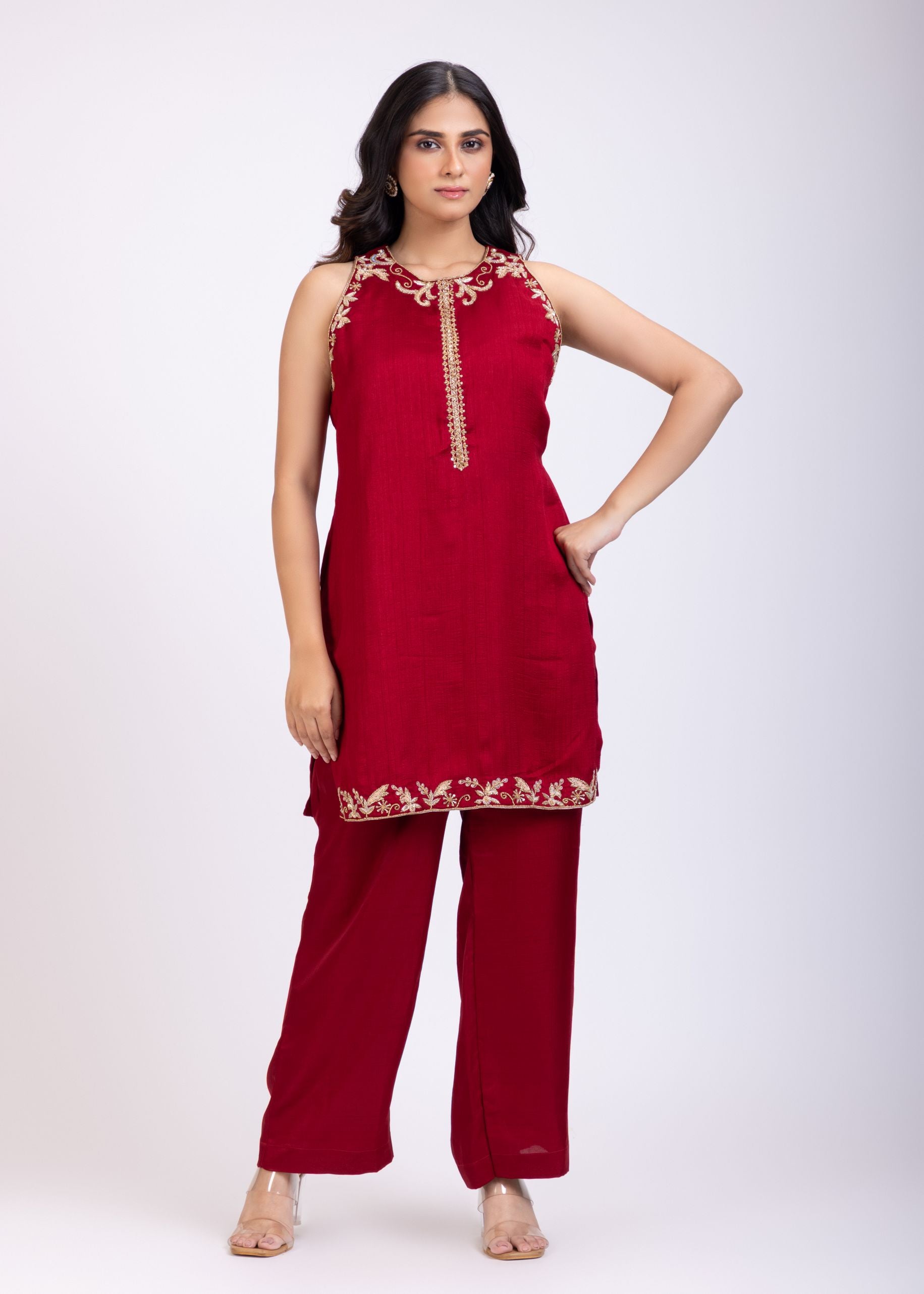 Maroon Raw Silk Short Kurta and Straight Pant Set Hand Embroidered Work Full